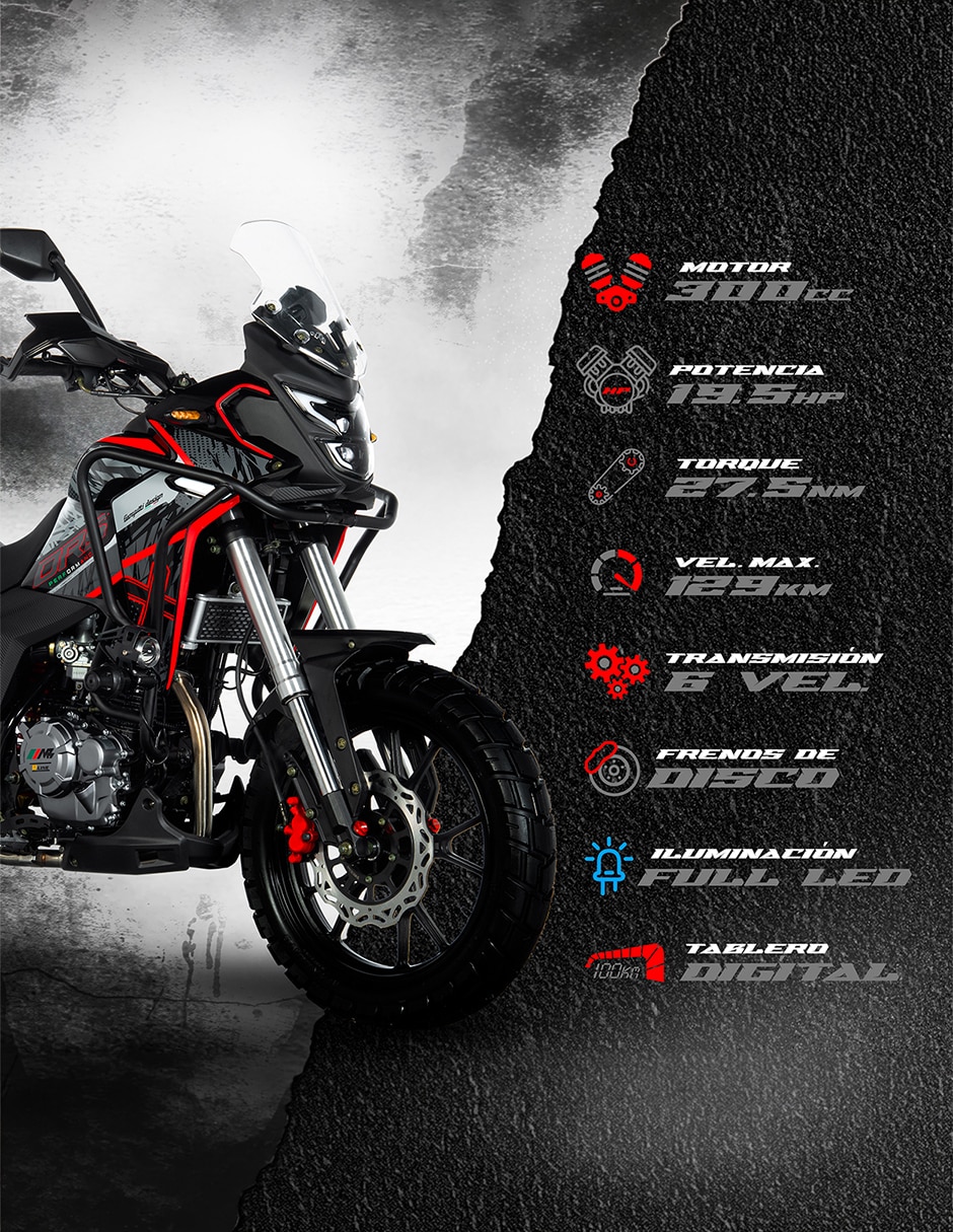 Motocicleta doble propósito MB drs 300 roja